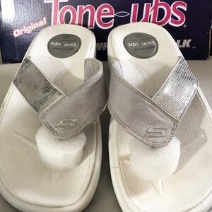 Skechers White and Silver Tone-Ups Flip Flops